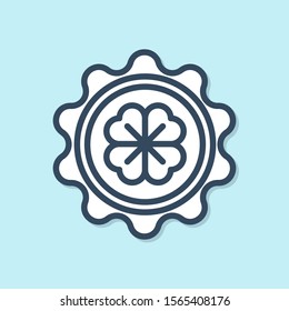 Blue line Bottle cap with four leaf clover icon isolated on blue background. Happy Saint Patricks day.  Vector Illustration