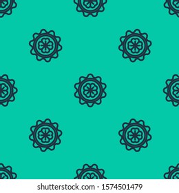 Blue line Bottle cap with four leaf clover icon isolated seamless pattern on green background. Happy Saint Patricks day.  Vector Illustration