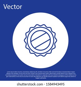 Blue line Bottle cap icon isolated on blue background. White circle button. Vector Illustration