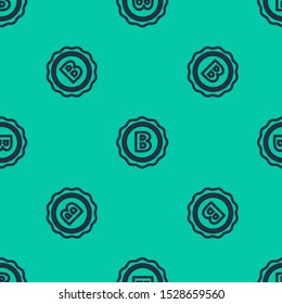 Blue line Bottle cap with inscription beer icon isolated seamless pattern on green background.  Vector Illustration