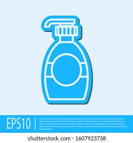 Blue line Bottle of liquid antibacterial soap with dispenser icon isolated on grey background. Disinfection, hygiene, skin care concept.  Vector Illustration