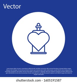 Blue line Bottle with love potion icon isolated on blue background. Valentines day symbol. White circle button. Vector Illustration