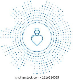 Blue line Bottle with love potion icon isolated on white background. Valentines day symbol. Abstract circle random dots. Vector Illustration