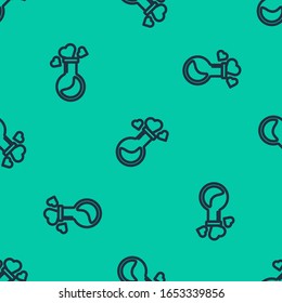 Blue line Bottle with love potion icon isolated seamless pattern on green background. Valentines day symbol.  Vector Illustration