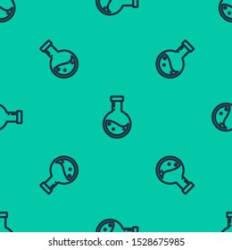 Blue line Bottle with potion icon isolated seamless pattern on green background. Flask with magic potion. Happy Halloween party.  Vector Illustration