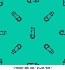 Blue line Bottle with potion icon isolated seamless pattern on green background. Flask with magic potion. Happy Halloween party.  Vector Illustration