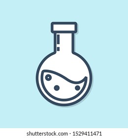 Blue line Bottle with potion icon isolated on blue background. Flask with magic potion. Happy Halloween party.  Vector Illustration