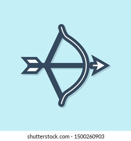 Blue line Bow and arrow icon isolated on blue background. Cupid symbol. Love sign. Valentines day concept.  Vector Illustration