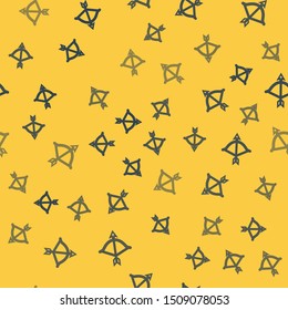 Blue line Bow and arrow icon isolated seamless pattern on yellow background. Cupid symbol. Love sign. Valentines day concept.  Vector Illustration