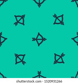 Blue line Bow and arrow icon isolated seamless pattern on green background. Cupid symbol. Love sign. Valentines day concept.  Vector Illustration