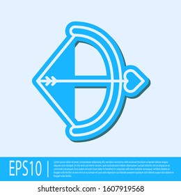 Blue line Bow and arrow icon isolated on grey background. Cupid symbol. Love sign. Valentines day concept.  Vector Illustration