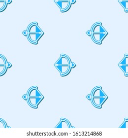Blue line Bow and arrow icon isolated seamless pattern on grey background. Cupid symbol. Love sign. Valentines day concept.  Vector Illustration