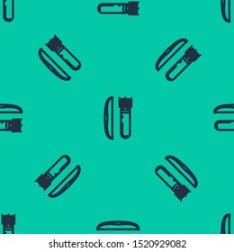 Blue line Bow and arrow in quiver icon isolated seamless pattern on green background.  Vector Illustration