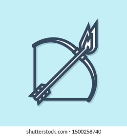 Blue line Bow and fire arrow icon isolated on blue background.  Vector Illustration