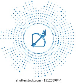 Blue line Bow and fire arrow icon isolated on white background. Abstract circle random dots. Vector Illustration