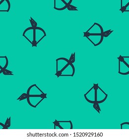 Blue line Bow and fire arrow icon isolated seamless pattern on green background.  Vector Illustration