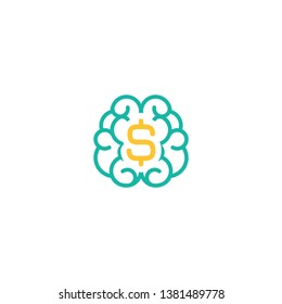 Blue line brain with dollar sign icon. Money  phsychology, financial knowledge simple pictogram isolated on white. flat vector illustration. Creative smart brain tech logo