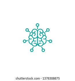 Blue line brain with hub system icon. Intellect, phsychology, knowledge simple pictogram isolated on white. flat vector illustration. Creative smart, work in team, development.