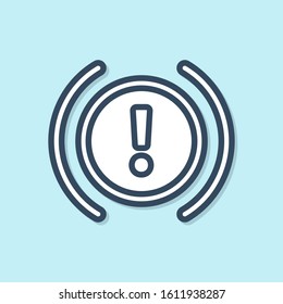 Blue line Brake system warning icon isolated on blue background. Exclamation mark in the car. Dashboard attention sign.  Vector Illustration