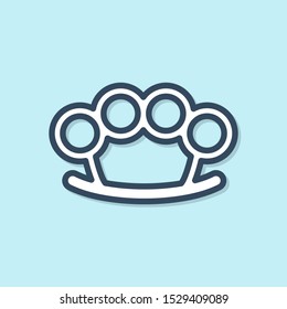 Blue line Brass knuckles icon isolated on blue background.  Vector Illustration