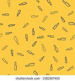 Blue line Bread knife icon isolated seamless pattern on yellow background. Cutlery symbol.  Vector Illustration