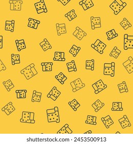 Blue line Bread toast for sandwich piece of roasted crouton icon isolated seamless pattern on yellow background. Lunch, dinner, breakfast snack.  Vector