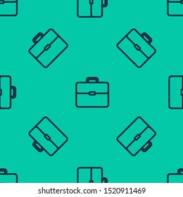 Blue line Briefcase icon isolated seamless pattern on green background. Business case sign. Business portfolio.   Vector Illustration