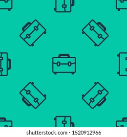 Blue line Briefcase icon isolated seamless pattern on green background. Business case sign. Business portfolio.  Vector Illustration