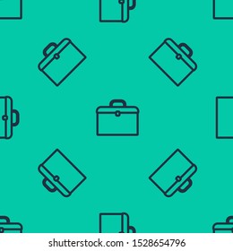 Blue line Briefcase icon isolated seamless pattern on green background. Business case sign. Business portfolio.  Vector Illustration