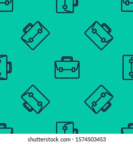Blue line Briefcase icon isolated seamless pattern on green background. Business case sign. Business portfolio.  Vector Illustration
