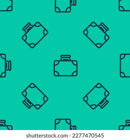 Blue line Briefcase and money icon isolated seamless pattern on green background. Business case sign. Business portfolio.  Vector
