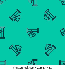 Blue line Broken metal pipe with leaking water icon isolated seamless pattern on green background.  Vector