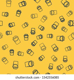 Blue line Bucket with foam and bubbles icon isolated seamless pattern on yellow background. Cleaning service concept.  Vector Illustration