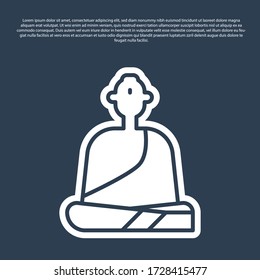 Blue line Buddhist monk in robes sitting in meditation icon isolated on blue background. Vector Illustration
