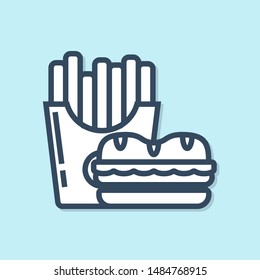 Blue line Burger and french fries in carton package box icon isolated on blue background. Hamburger, cheeseburger sandwich. Fast food menu.  Vector Illustration
