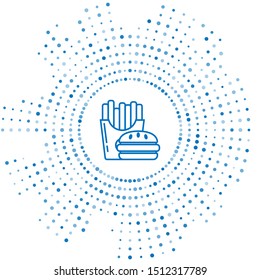 Blue line Burger and french fries in carton package box icon isolated on white background. Hamburger, cheeseburger sandwich. Fast food menu. Abstract circle random dots. Vector Illustration
