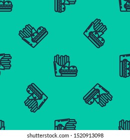 Blue line Burger and french fries in carton package box icon isolated seamless pattern on green background. Hamburger, cheeseburger sandwich. Fast food menu.  Vector Illustration