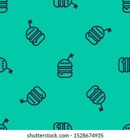 Blue line Burger icon isolated seamless pattern on green background. Hamburger icon. Cheeseburger sandwich sign. Fast food menu.  Vector Illustration