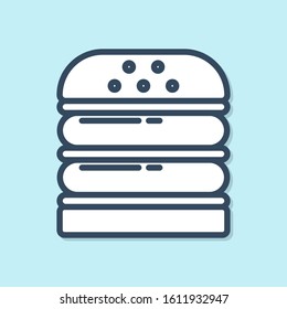 Blue line Burger icon isolated on blue background. Hamburger icon. Cheeseburger sandwich sign. Fast food menu.  Vector Illustration