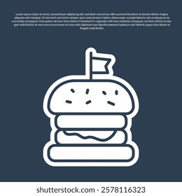 Blue line Burger icon isolated on blue background. Hamburger icon. Cheeseburger sandwich sign. Fast food menu.  Vector