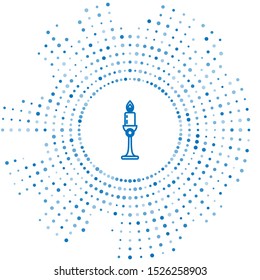 Blue line Burning candle in candlestick icon isolated on white background. Old fashioned lit candle. Cylindrical candle stick with burning flame. Abstract circle random dots. Vector Illustration
