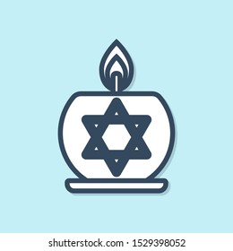 Blue line Burning candle in candlestick with star of david icon isolated on blue background. Cylindrical candle stick with burning flame.  Vector Illustration