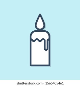 Blue line Burning candle in candlestick icon isolated on blue background. Cylindrical candle stick with burning flame.  Vector Illustration