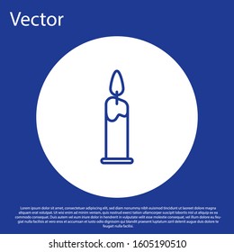 Blue line Burning candle in candlestick icon isolated on blue background. Cylindrical candle stick with burning flame. White circle button. Vector Illustration