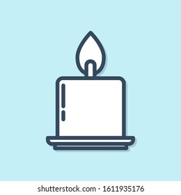 Blue line Burning candle in candlestick icon isolated on blue background. Cylindrical candle stick with burning flame.  Vector Illustration