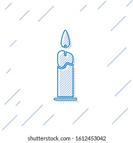 Blue line Burning candle in candlestick icon isolated on white background. Cylindrical candle stick with burning flame.  Vector Illustration