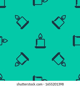 Blue line Burning candle in candlestick icon isolated seamless pattern on green background. Cylindrical candle stick with burning flame.  Vector Illustration