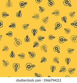 Blue line Burning candle in candlestick with star of david icon isolated seamless pattern on yellow background. Cylindrical candle stick with burning flame.  Vector