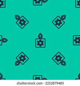 Blue line Burning candle in candlestick with star of david icon isolated seamless pattern on green background. Cylindrical candle stick with burning flame.  Vector