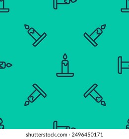 Blue line Burning candle in candlestick icon isolated seamless pattern on green background. Cylindrical candle stick with burning flame.  Vector